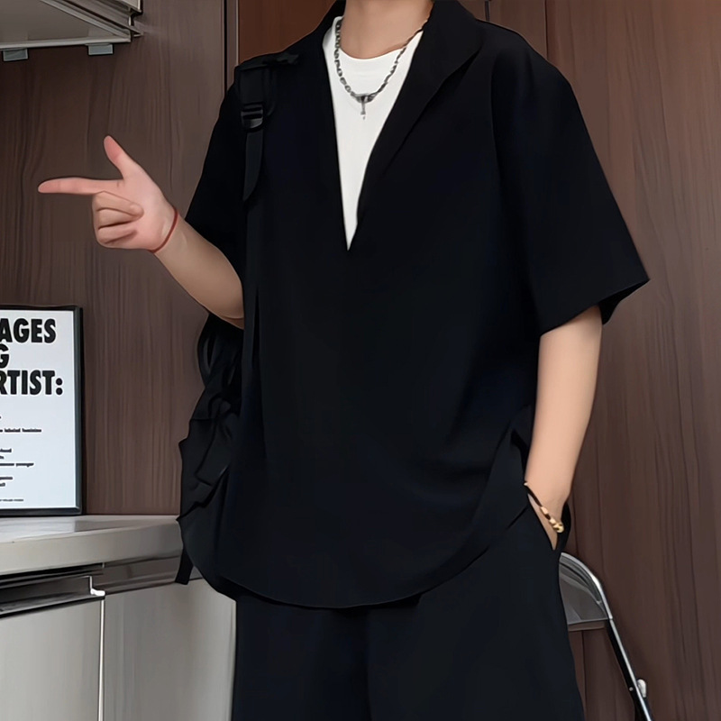 Men's Summer Casual Style Loose Fit Old Money Style Fake Two-Piece T-Shirt with Ice-Feel Turn-Down Collar Short-Sleeve Casual Shirt for Men