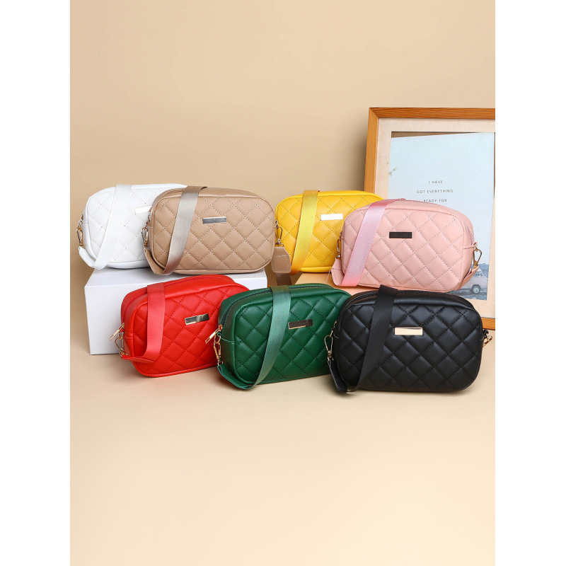 New Style Long-Patterned Rhombus Wave Embroidery Small Square Bag, Simple and Fresh, Versatile Women's Bag, Mobile Phone Bag, Wide Shoulder Strap, Crossbody
