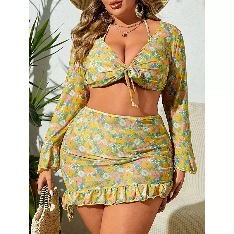 新款欧美码比基尼泳衣女套装小碎花四件套大胸分体沙滩度假大胸款