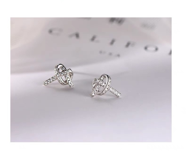 6g Weight Zircon Inlay Material Ear Studs Classification 1 Pair Quantity Daily, Street Occasion 925 Sterling Silver Material Heart Shape, Knot Pattern Women's Gender Plating, Inlay Design Simple Style, Shiny Style 1 Pair 925 Sterling Silver Zircon Heart Shape Knot Ear Studs 2