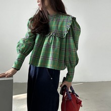 韩国chic春季新品复古气质荷叶边设计格纹休闲宽松长袖娃娃衫衬衫