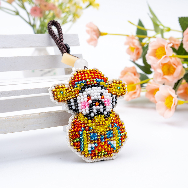 New Printed Double-Sided Embroidery Beaded Cross-Stitch Keychain God of Wealth Pendant Cartoon Character Colorful Bead Embroidery Materials