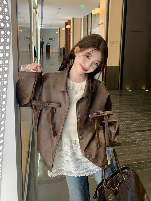 PPHOME美拉德复古蝴蝶结皮衣外套女秋季美式辣妹休闲宽松夹克上衣|undefined