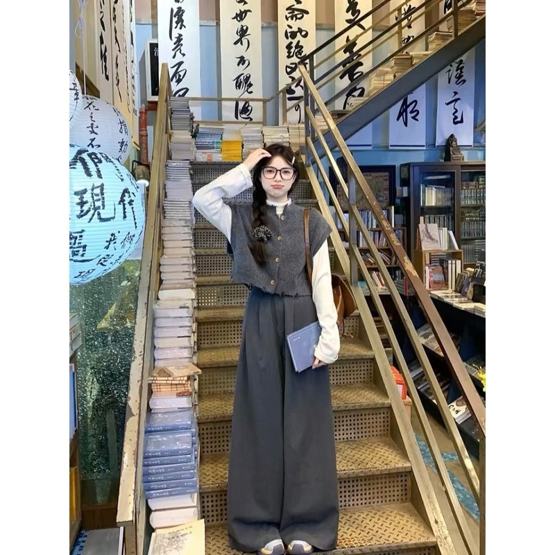 春秋复古高级感宽松短款针织马甲毛衣背心叠穿长袖上衣三件套装女|undefined