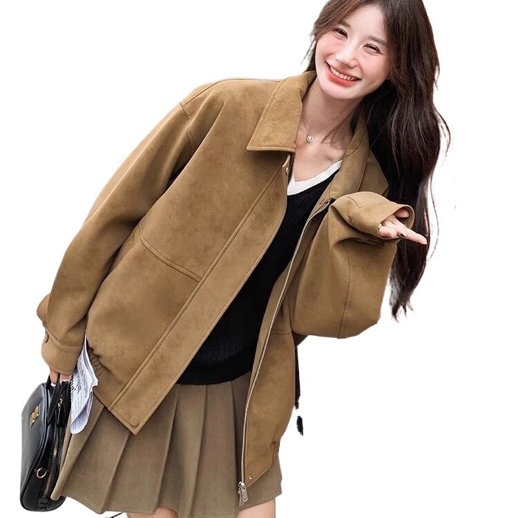 咖色美拉德麂皮绒外套女2025春秋新款小个子美式复古拉链翻领夹克|undefined