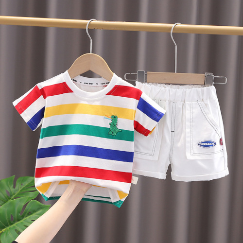 Baby boy summer striped bag set 1-2-5 years old boy children's clothing children's fashionable two-piece set one piece drop shipping