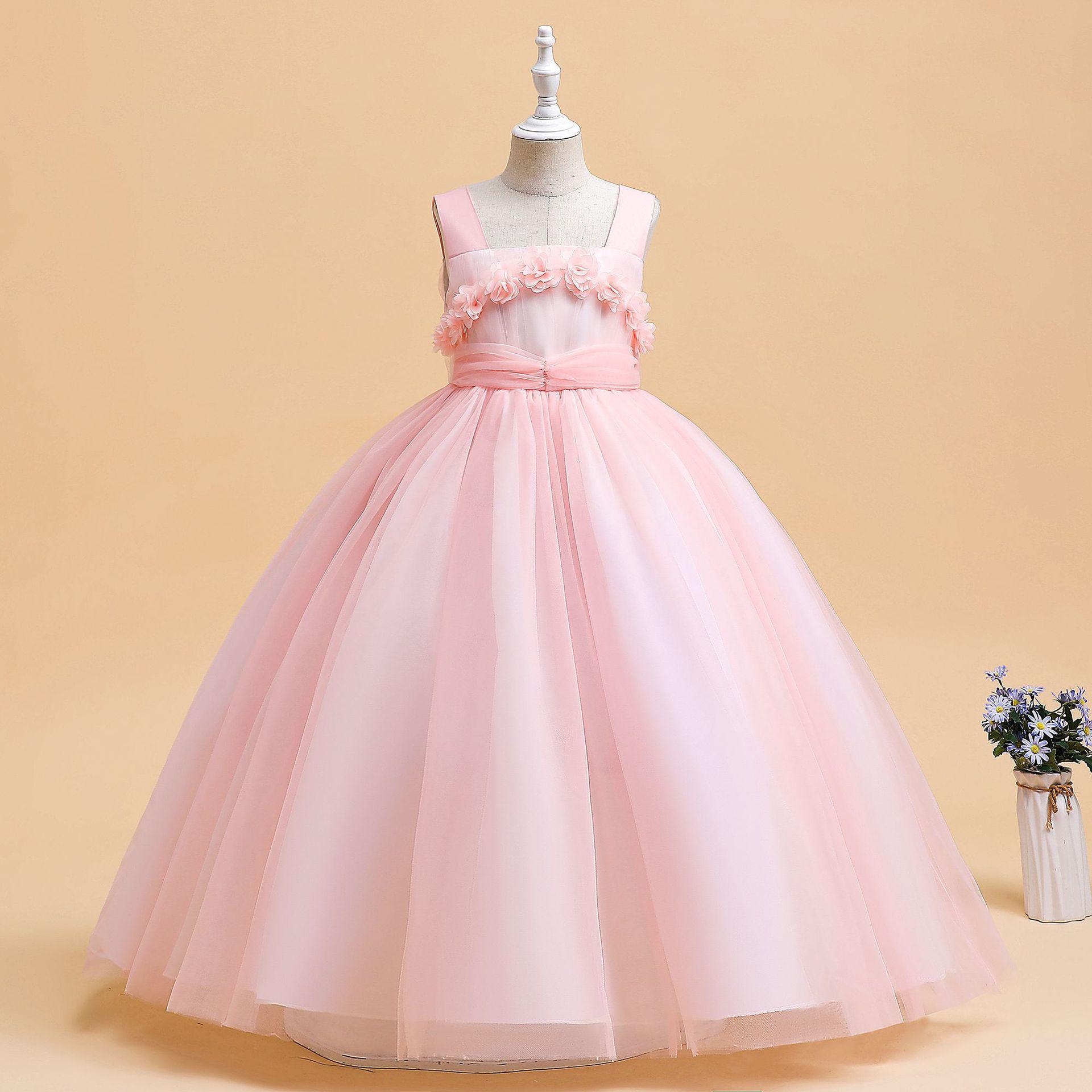 Vestido transfronterizo de los nuevos niños vestido tridimensional flor piano rendimiento vestido niña de las flores boda mullido hilado vestido largo