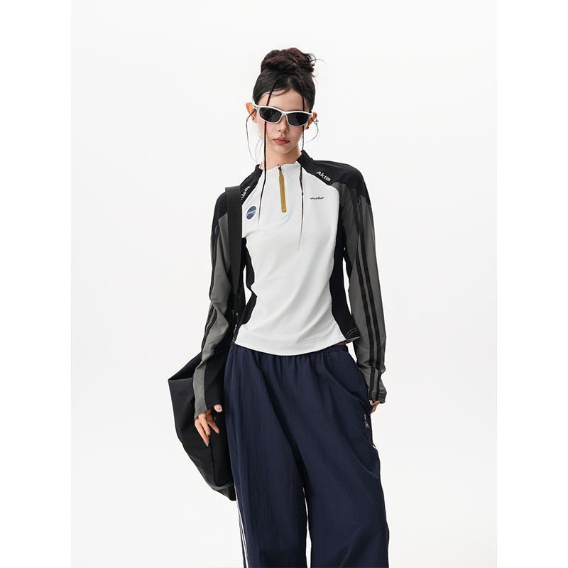 Lightweight Cycling Clothing for Women and Men, Autumn Color-Blocking Half-Zip Long-Sleeve T-Shirt, Training Sports Top for Outdoor Fitness