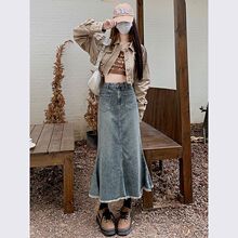 复古中长款鱼尾裙春秋款牛仔裙女毛边高腰显瘦A字遮跨包臀半身裙