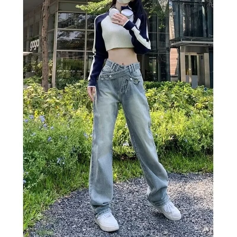 Retro cross straight jeans women's spring new design loose wide-leg pants pants high street ins fashion