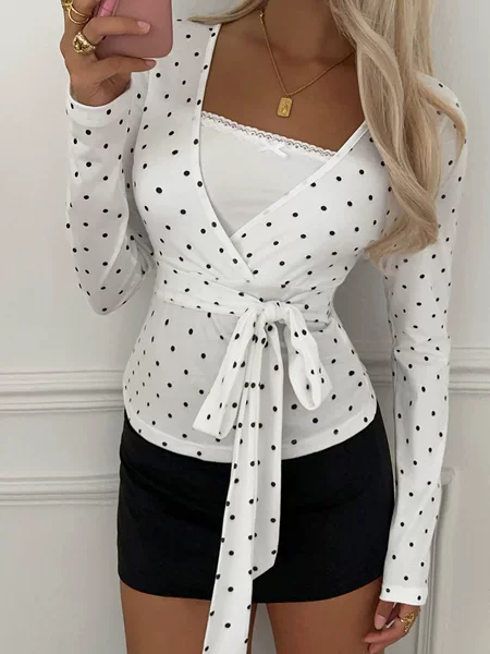 Amazon's Best-Selling Cross-Border Women's Clothing 2026 Summer European and American Style Elegant American Retro Polka Dot Wrap Long-Sleeved T-Shirt
