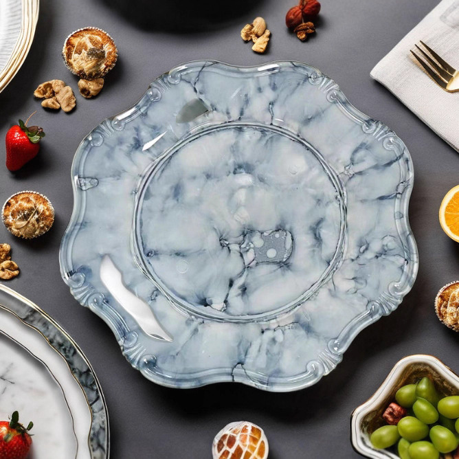 Placa de recarga de plata y oro antigua moderna retro octagonal de plástico cubiertos de boda redondeada ligera patrón de fiesta polipropileno