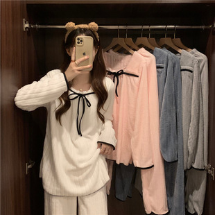 ins Princess Wind Coral Velvet Pajamas Women's Autumn and Winter Velvet Thickened Winter Flannel Home Suit Wholesale