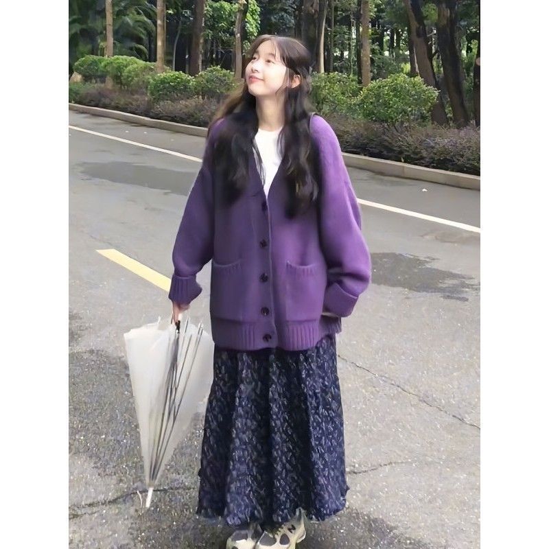 温柔慵懒风时尚套装女秋冬新款宽松毛衣开衫碎花半身裙两件套|undefined