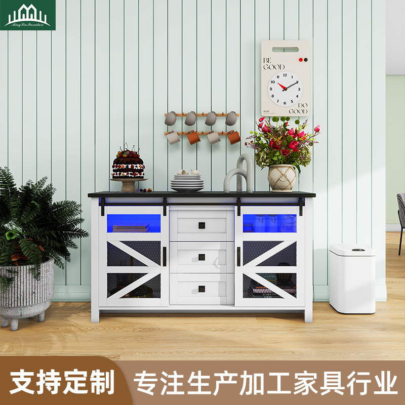Modern Simple Sideboard American Wall Cabinet Storage Cabinet with Iron Mesh Barn Door Storage Cabinet Floor Rack Cross-Border