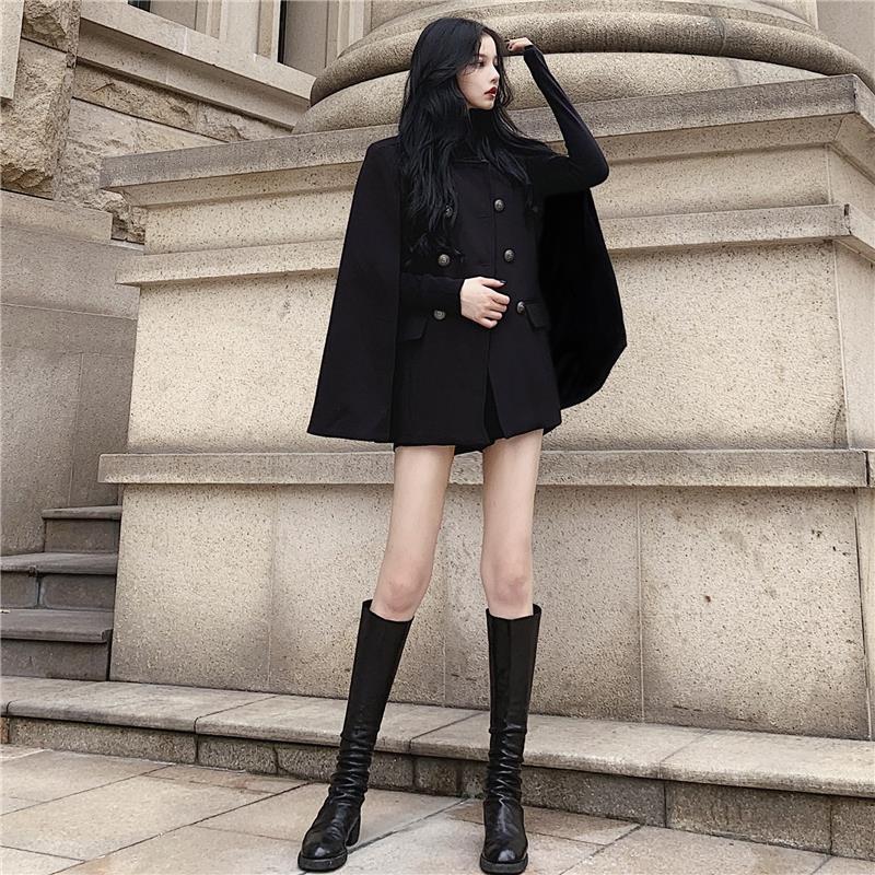 Women's Clothing Winter new style Internet celebrity black cape coat versatile loose stand collar medium and long woolen coat for women_voghion.com