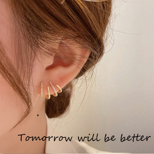 Geometric Micro-Inlaid Zirconia 925 Silver Needle Earrings Niche New Trendy Internet Celebrity Earrings High-Quality Temperament Earrings Plated 14k