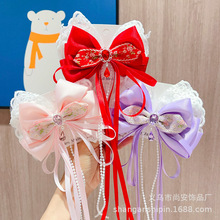 中国红喜庆蝴蝶结飘带发夹汉服儿童发饰新年发卡节日甜美红色头饰