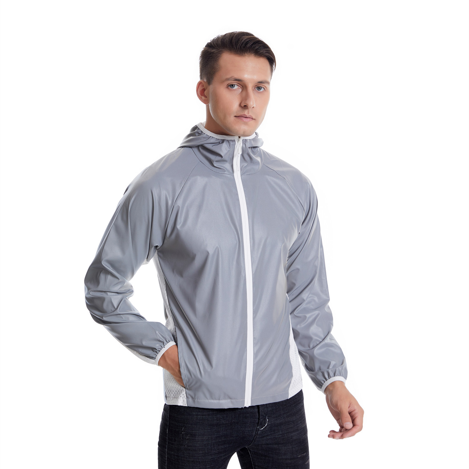 Abbigliamento da uomo, giacca riflettente colorata, sport all'aria aperta, con giunture in rete, giacca con cappuccio traspirante_voghion.com