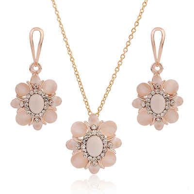 跨境電商熱銷滴油點鑽玫瑰金保色項鏈耳環首飾套裝新娘飾品套裝