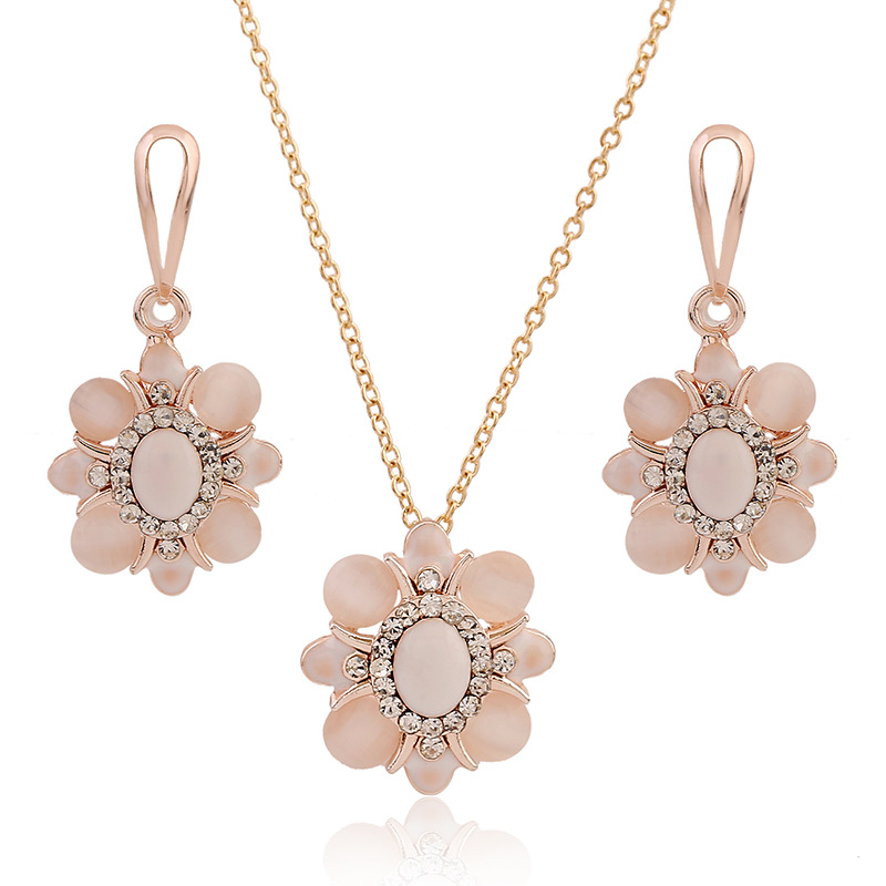 跨境電商熱銷滴油點鑽玫瑰金保色項鏈耳環首飾套裝新娘飾品套裝