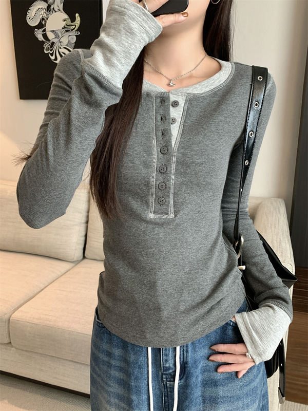 美式复古撞色针织T恤女冬季新款长袖内搭打底衫修身短款圆领上衣|undefined