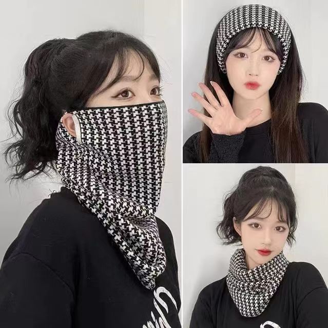 가을 겨울 매달린 귀 [블랙 물떼새 격자] 다기능 플러스 벨벳 스타일