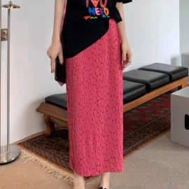 玫红撞色波点肌理感褶皱半身裙遮肉显瘦垂感包臀裙后开叉直筒裙子