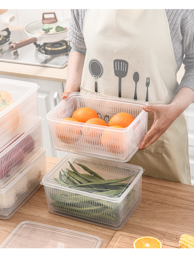 厂家直销塑料沥水篮 厨房冰箱带盖保鲜盒 日式双层密