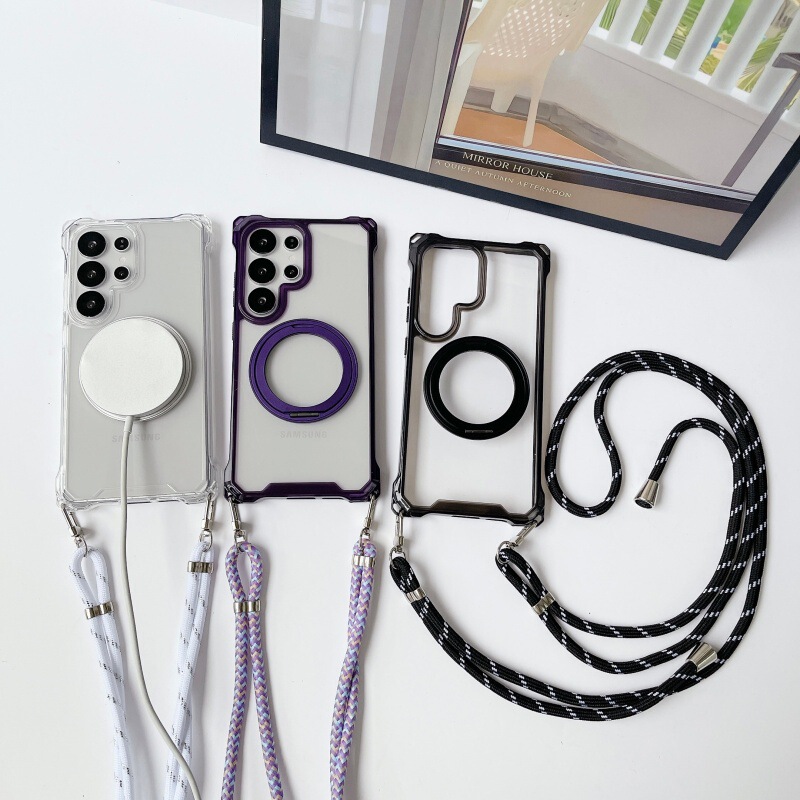 360 Rotating Stand with Four-Corner Lanyard for Samsung S26 S25Plus S24 S23 A17 A36/A56 Phone Case