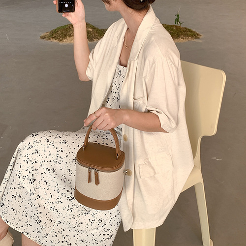 Bags for Women  Spring and Summer Korean Spliced Crossbody Bucket Bag Versatile Fashion Art Canvas Bag Handheld Small Bag