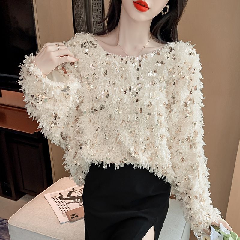 Fashionable Sequined Feather Sweater for Women Autumn and Winter 2025 New High-End Niche Design Knitted Bottoming Shirt Top