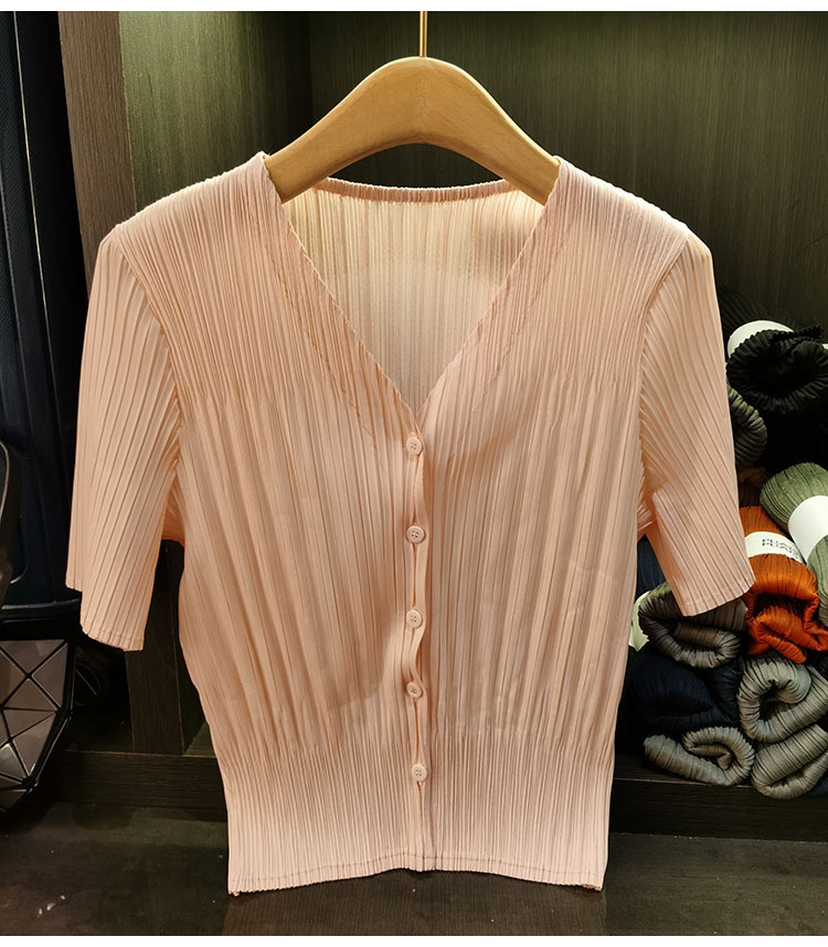 Áo cardigan cổ chữ V tay ngắn nữ phối nút đơn chất liệu mỏng mùa xuân hè — Màu xanh lục nhạt, Màu đen, Màu tím nhạt, Màu hồng chi tiết 11