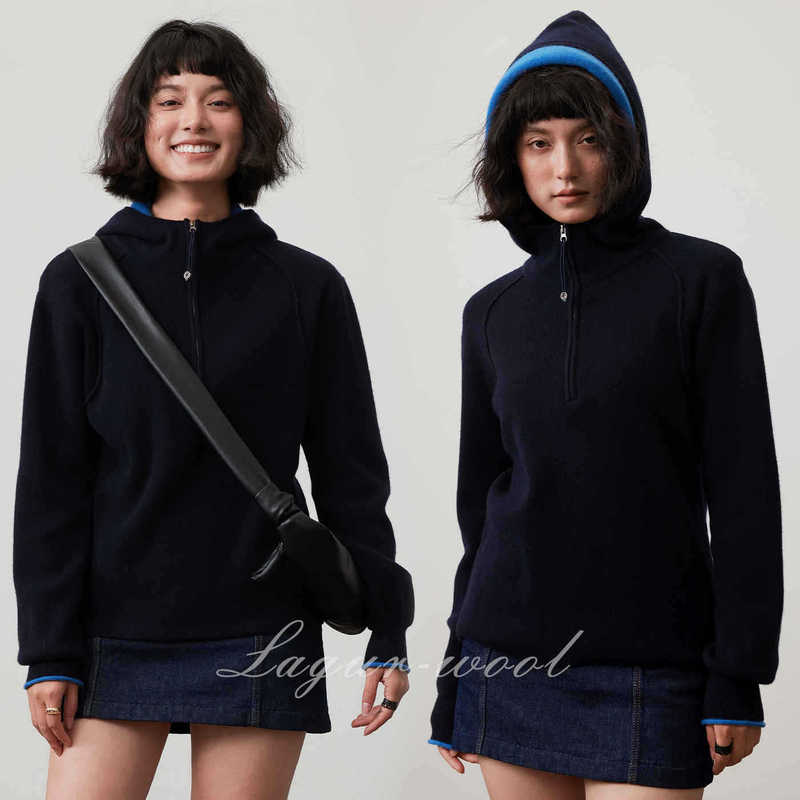 Sports Lu Style~100% Merino Wool Pullover Half-Zip Knit Sweater Jacket Top 2026 Women's Hooded Color-Blocking
