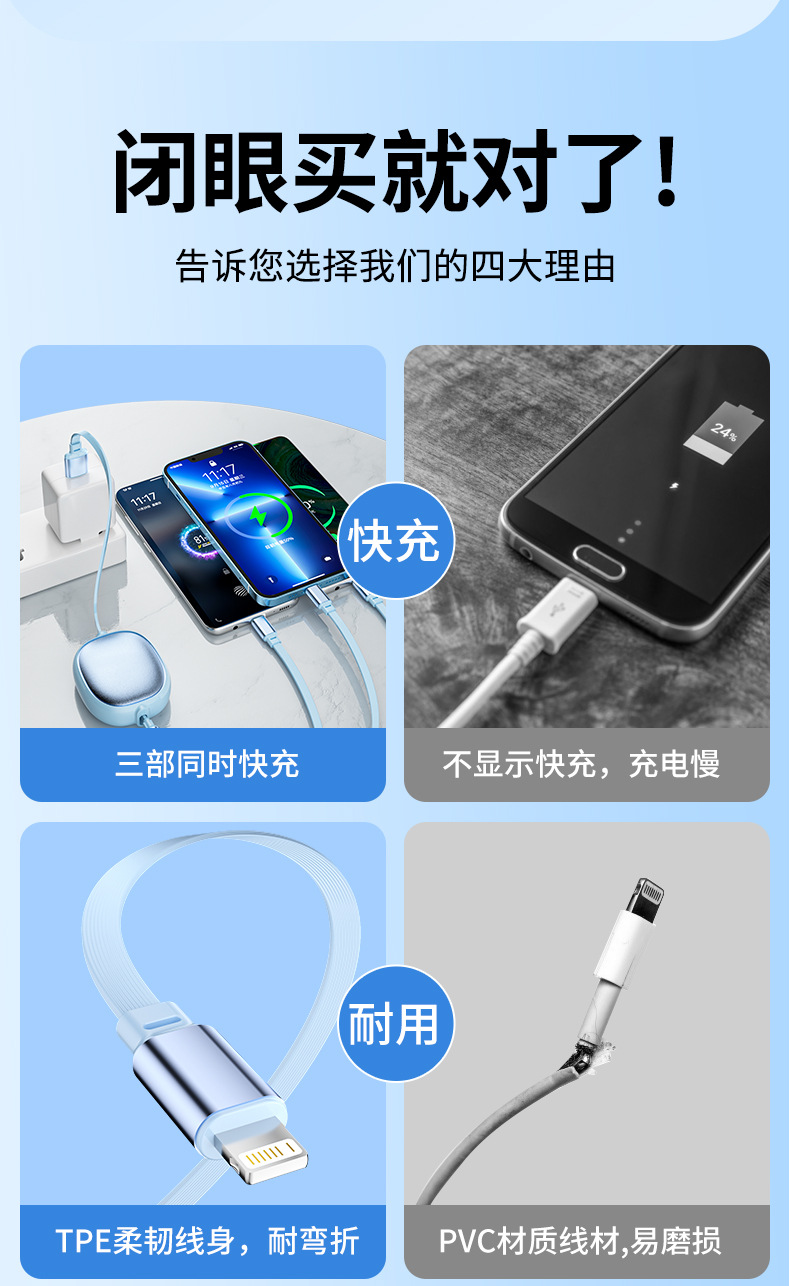 Shunwangshun 3'ü 1 Şarj Kablosu Hızlı Şarj Veri Kablosu Araç 120W Teleskopik Çok Fonksiyonlu 3 Başlı Özel