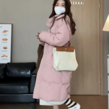 韩系粉色棉服女中长款冬季新款宽松学生过膝加厚连帽冬装棉衣外套