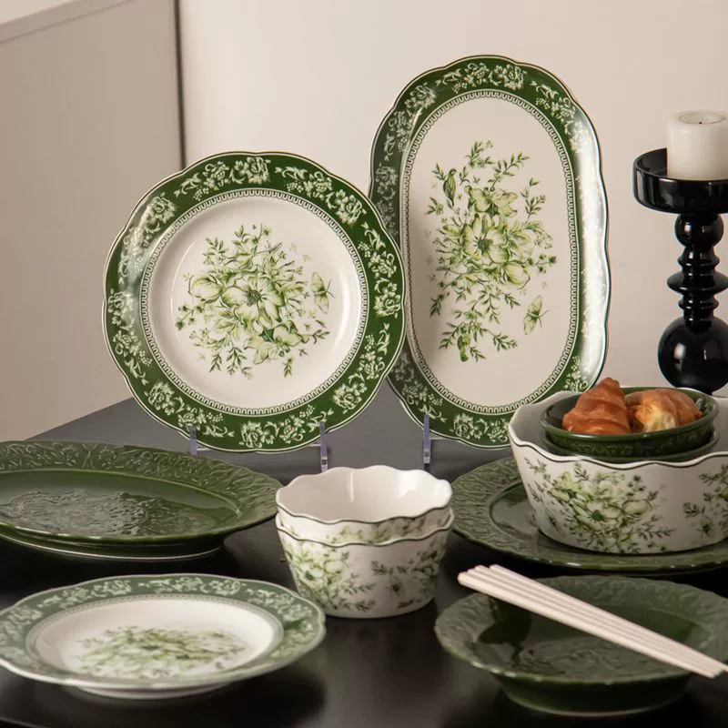 Ceramic dinner plate, retro set, green tableware, European style