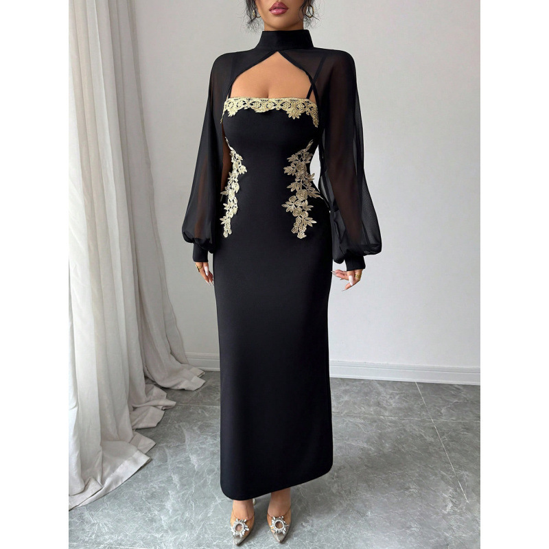 Cross-border European and American style new long robe with embroidery, long flared dress with lantern sleeves for women Cross-border European and American style new long robe with embroidery, long flared dress with lantern sleeves for women