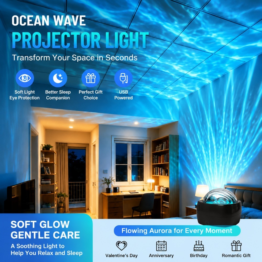 Lámpara de proyección de aurora ondulada de agua dinámica 16 colores Touch USB Night Light Temporizador Luz de atmósfera de aurora boreal