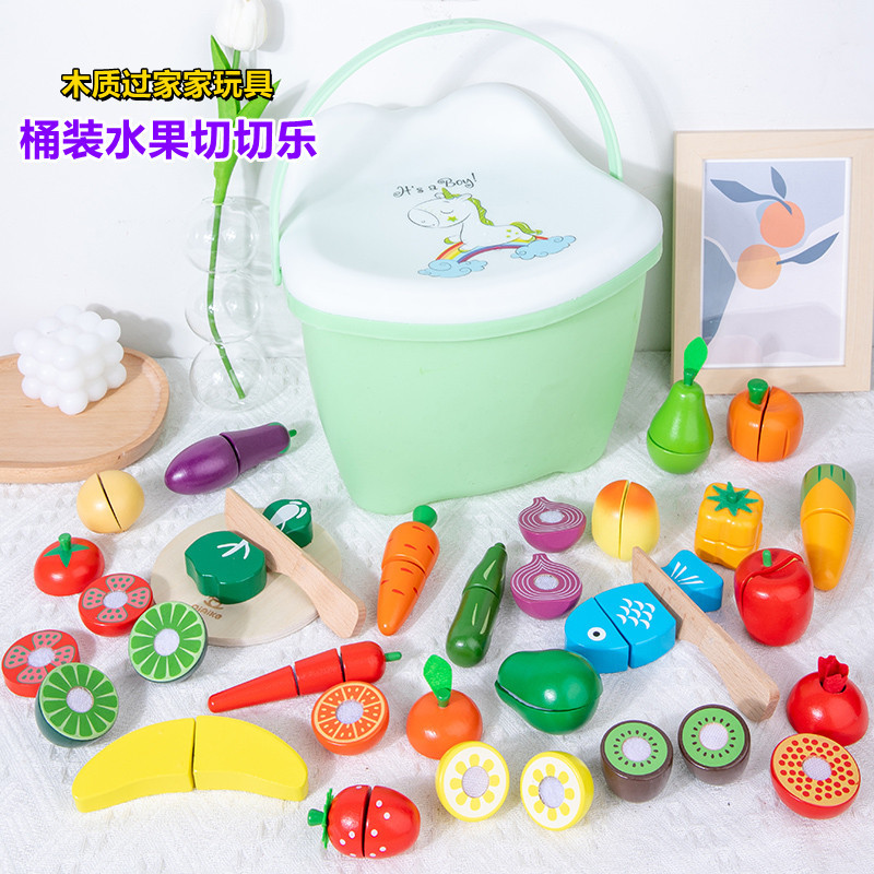 Juguetes de corte de frutas de madera para niños al por mayor bebé corte de verduras música niños y niñas jugar casa cocina traje de frutas y verduras