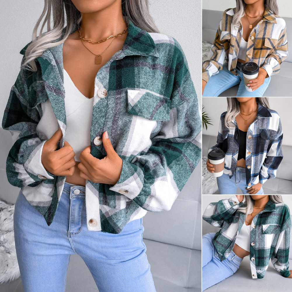 Plaid Lantern Long Sleeve Woolen Coat in Coats & Jackets