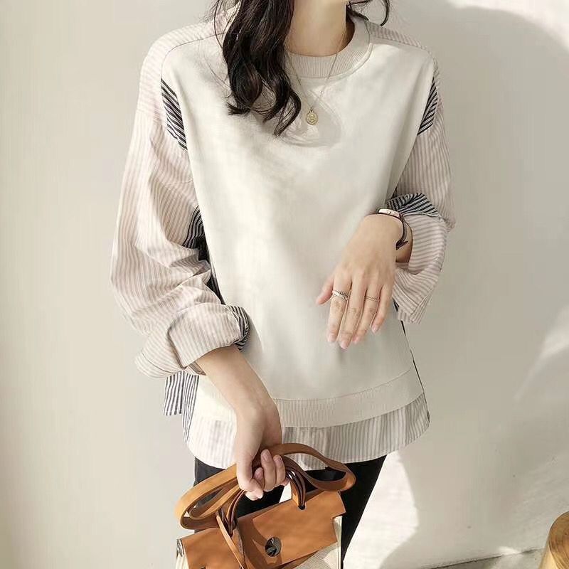 Women's Korean-style design long-sleeved shirt stitching sweater 2023 spring new chic fake two-piece bottoming top