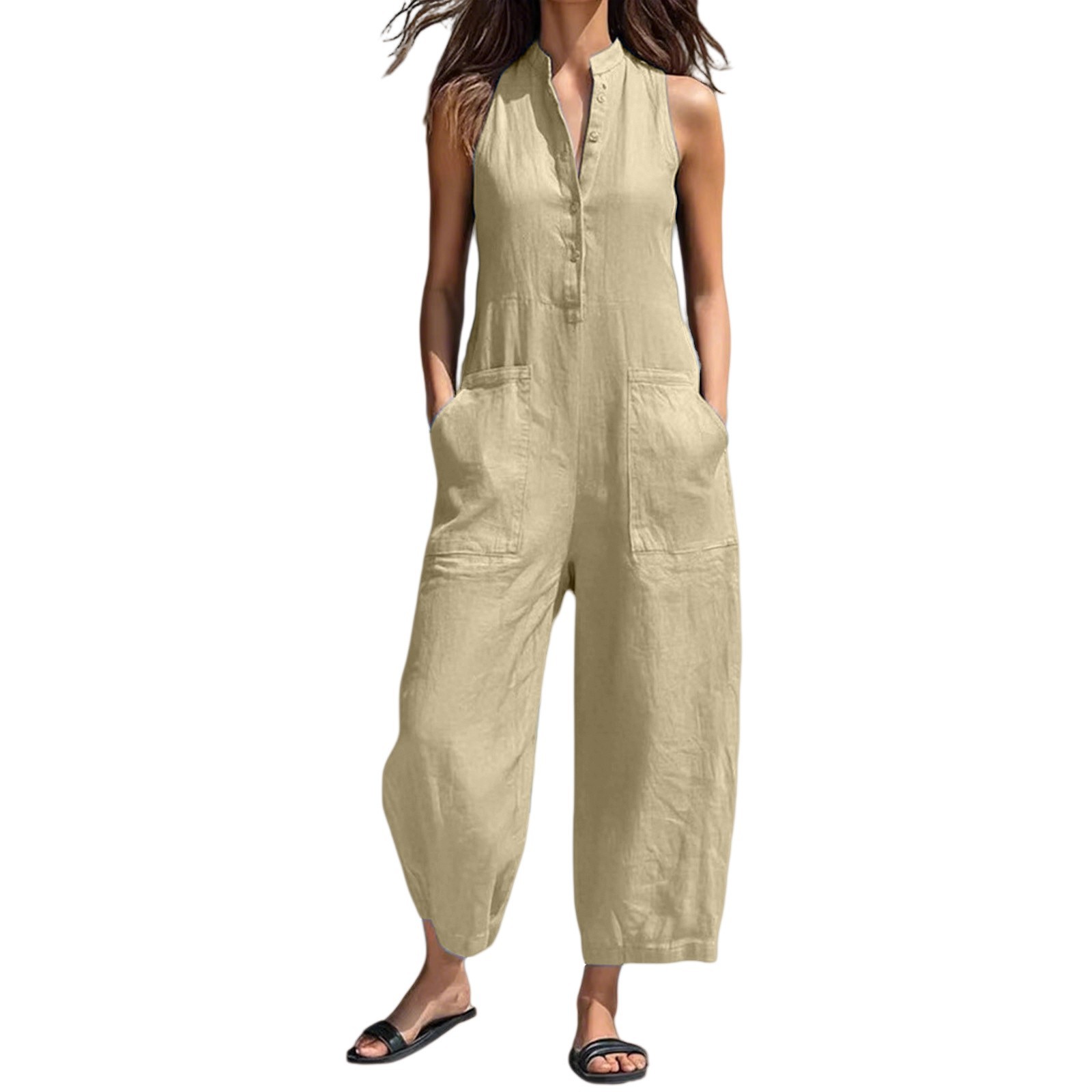 Women's Casual Sleeveless Stand Collar Jumpsuit With Pockets_voghion.com