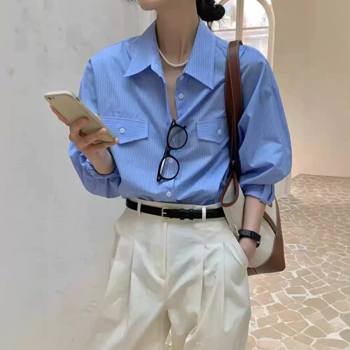 Women's Loose Straight-C Collar Striped Long-Sleeve Shirt with Single Button - Chic Autumn New Style, Versatile and Stylish