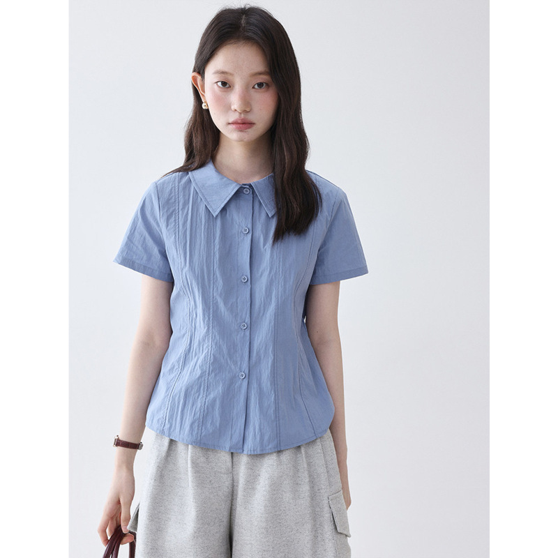 "Mustard Pie Vooe" Blue Polo Collar Waist-Cinching Slimming Shirt for Women, New Summer Style, Versatile Short-Sleeve Top for Work "Mustard Pie Vooe" Blue Polo Collar Waist-Cinching Slimming Shirt for Women, New Summer Style, Versatile Short-Sleeve Top for Work