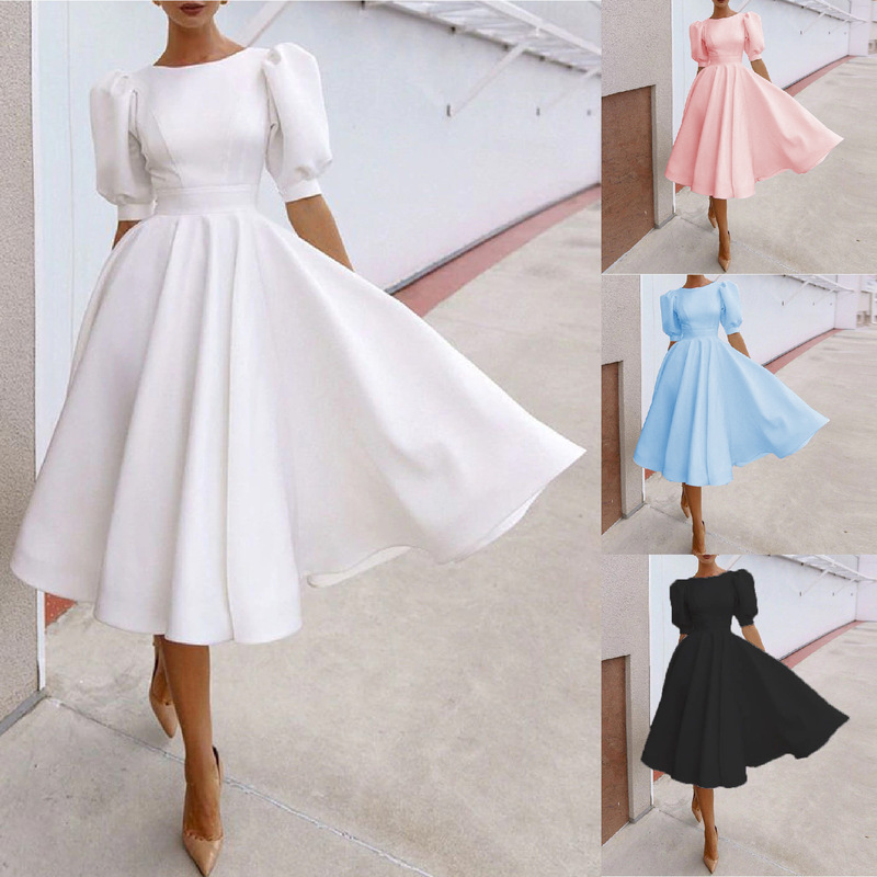 Spring and summer 2021 new solid color slim-fit women's dress Amazon sexy large swing short sleeve skirt