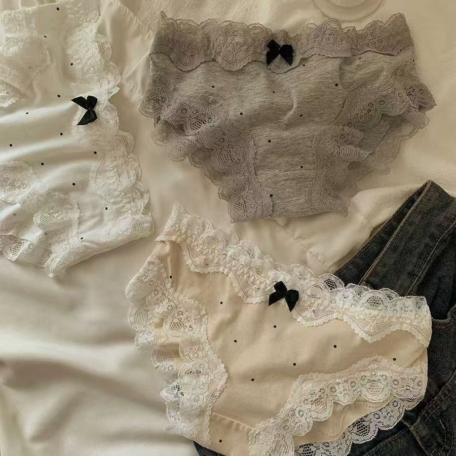 French Retro Style Lace Edge Underwear for Women Pure Cotton Girls Cute Polka Dot Low Waist Women's Pure Cotton Crotch Briefs