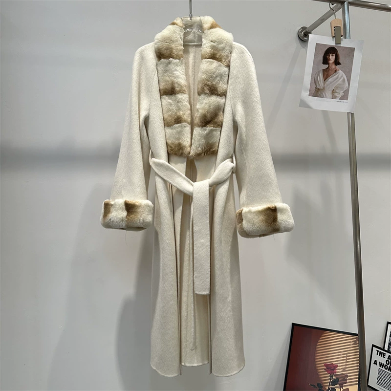 Новая коллекция Осень/Зима 2025: Элегантное двустороннее кашемировое пальто с воротником из меха рекса, приталенное, длинное, шерстяное, для женщин