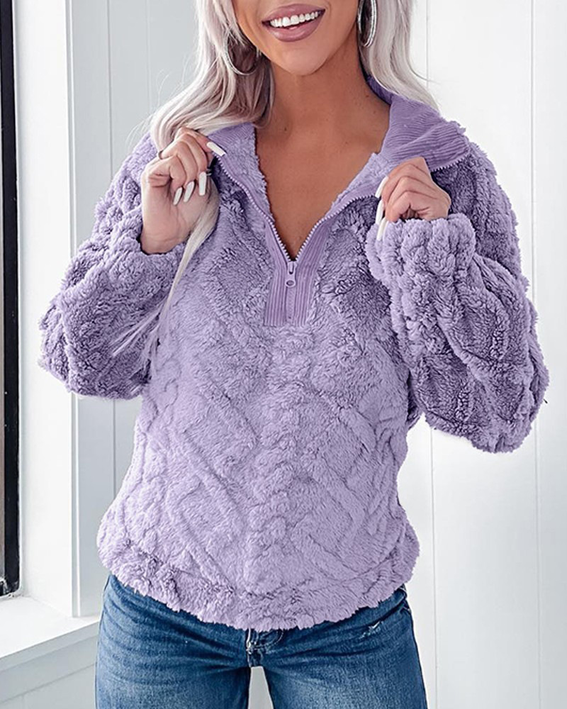Women's Clothing simple solid color half zip stand collar loose plush pullover sweatshirt_voghion.com