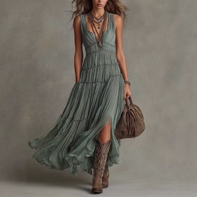 Women's Summer Dress, Round Neck, Sleeveless, Loose and Drapey, Mid-Length A-Line Skirt, Elegant Dress, Pleated Skirt Women's Summer Dress, Round Neck, Sleeveless, Loose and Drapey, Mid-Length A-Line Skirt, Elegant Dress, Pleated Skirt